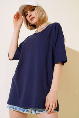 Basic Oversize T-Shirt Lacivert - Yeni Giyim