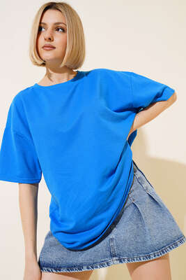 Basic Oversize T-shirt Mavi - Thumbnail