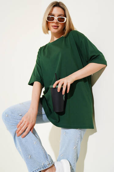 Basıc Oversize T-Shirt Yeşil - Kadın Giyim Modelleri