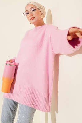 Basic Oversize Triko Tunik Pembe 