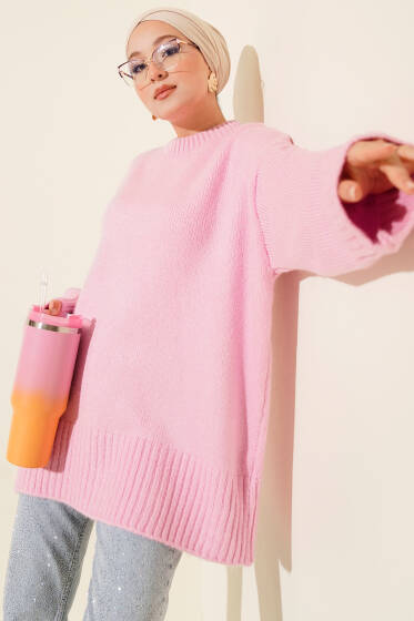 Basic Oversize Triko Tunik Pembe - Tunik