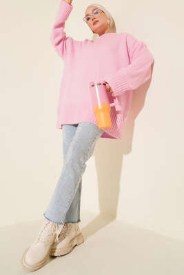 Basic Oversize Triko Tunik Pembe - Tunik