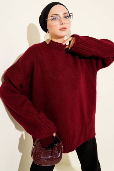 Basic Oversize Triko Tunik Açık Bordo - Tunik