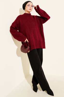 Basic Oversize Triko Tunik Açık Bordo - Tunik