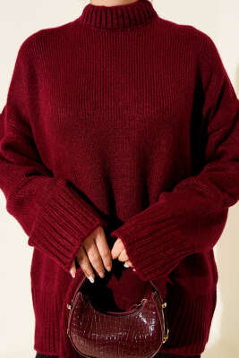 Basic Oversize Triko Tunik Açık Bordo - Tunik