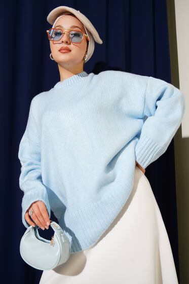 Basic Oversize Triko Tunik Bebe Mavi - Tunik