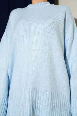 Basic Oversize Triko Tunik Bebe Mavi - Tunik