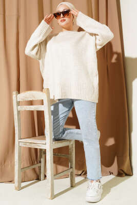 Basic Oversize Triko Tunik Bej - Tunik