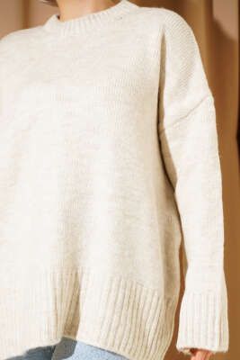 Basic Oversize Triko Tunik Bej - Tunik