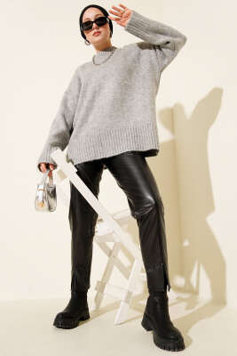 Basic Oversize Triko Tunik Gri - Tunik