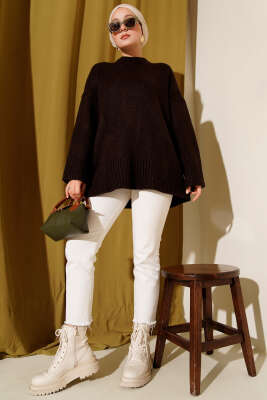 Basic Oversize Triko Tunik Kahve - Tunik