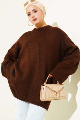 Basic Oversize Triko Tunik Kahve 