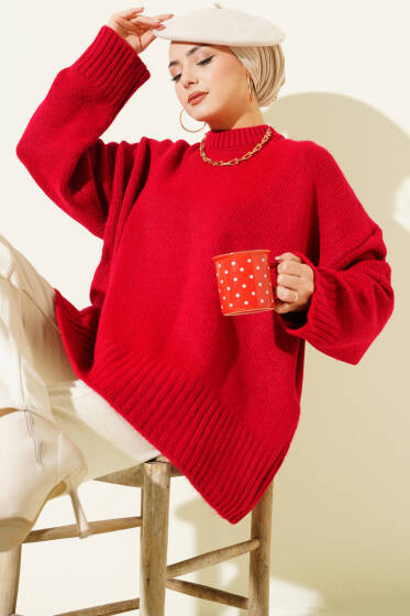 Basic Oversize Triko Tunik Kırmızı - Tunik
