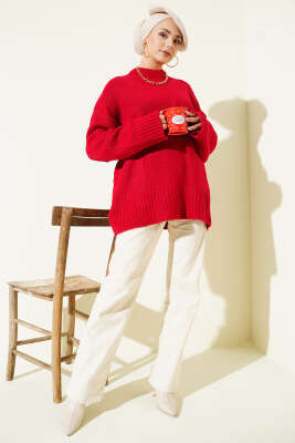 Basic Oversize Triko Tunik Kırmızı - Tunik