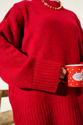 Basic Oversize Triko Tunik Kırmızı - Tunik