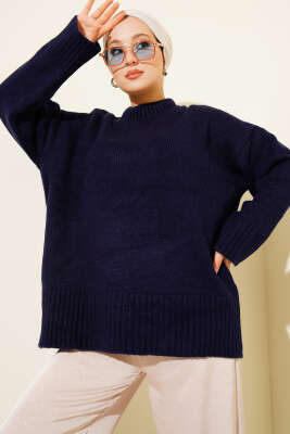 Basic Oversize Triko Tunik Lacivert - Tunik