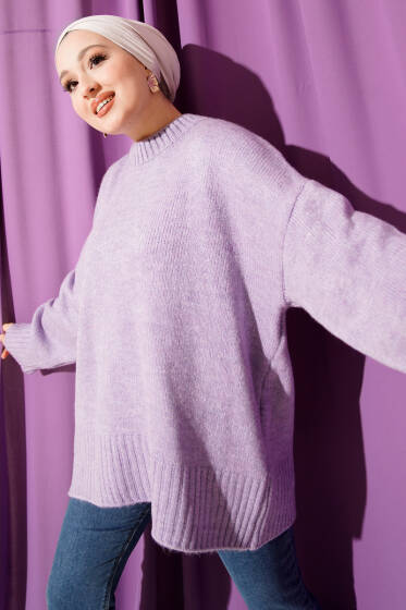 Basic Oversize Triko Tunik Lila - Tunik