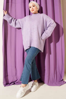 Basic Oversize Triko Tunik Lila - Tunik