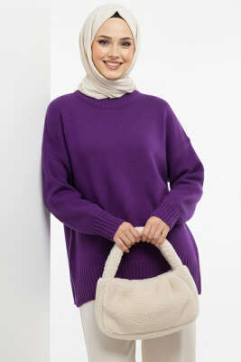 Basic Oversize Triko Tunik Mor - Tunik