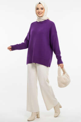 Basic Oversize Triko Tunik Mor - Tunik