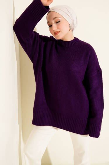 Basic Oversize Triko Tunik Mor - Tunik