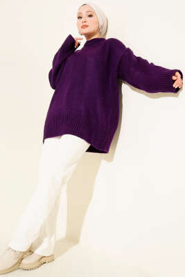 Basic Oversize Triko Tunik Mor - Tunik