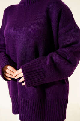 Basic Oversize Triko Tunik Mor - Tunik