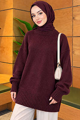 Basic Oversize Triko Tunik Mürdüm - VANİZA TRİKO