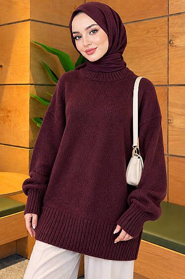 Basic Oversize Triko Tunik Mürdüm - Tunik
