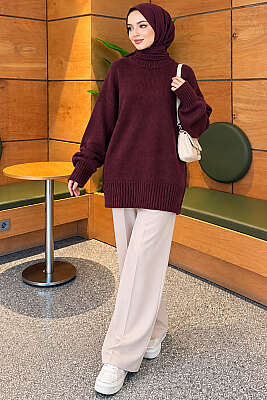 Basic Oversize Triko Tunik Mürdüm - Tunik
