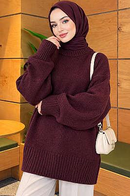 Basic Oversize Triko Tunik Mürdüm - Tunik