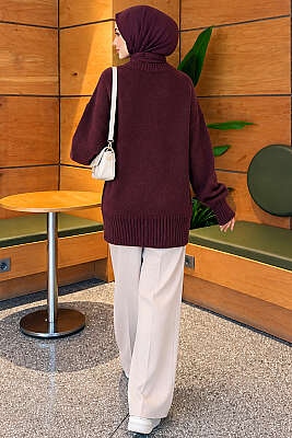 Basic Oversize Triko Tunik Mürdüm - Tunik