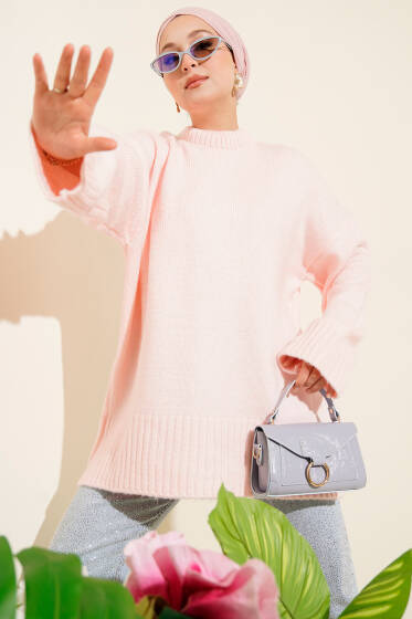 Basic Oversize Triko Tunik Pudra - Tunik