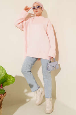 Basic Oversize Triko Tunik Pudra - Tunik