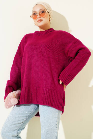 Basic Oversize Triko Tunik Vişne - Tunik