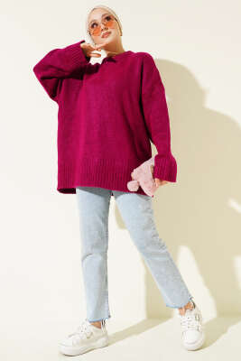 Basic Oversize Triko Tunik Vişne - Tunik