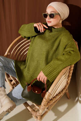 Basic Oversize Triko Tunik Yağ Yeşili - Tunik