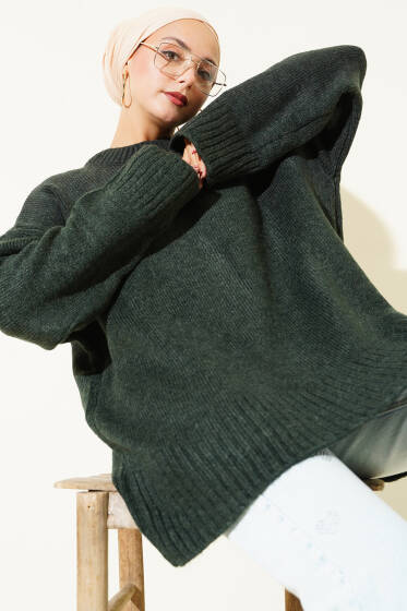 Basic Oversize Triko Tunik Zümrüt - Tunik