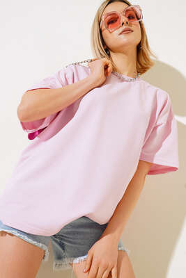Basic Oversize Tshirt Pembe - Thumbnail