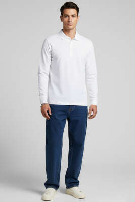 Basic Polo Yaka Uzun Kollu Sweatshirt Beyaz - Yılın Fırsatı