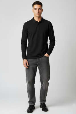 Basic Polo Yaka Uzun Kollu Sweatshirt Siyah - Erkek Sweatshirt