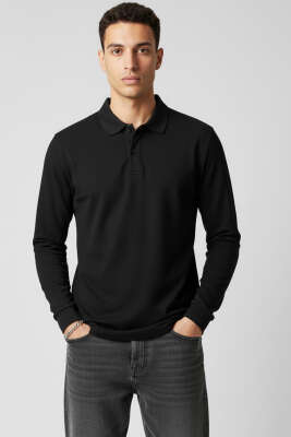 Basic Polo Yaka Uzun Kollu Sweatshirt Siyah 