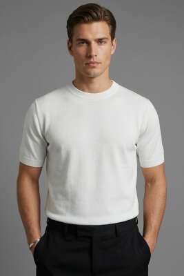 Basic Sıfır Yaka Erkek Triko T-shirt Beyaz - WİPEOUT