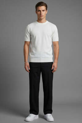 Basic Sıfır Yaka Erkek Triko T-shirt Beyaz - Erkek T-shirt