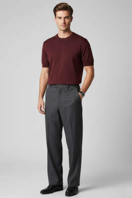 Basic Sıfır Yaka Erkek Triko T-shirt Bordo - Erkek T-shirt