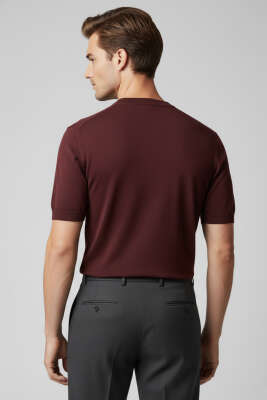 Basic Sıfır Yaka Erkek Triko T-shirt Bordo - Erkek T-shirt