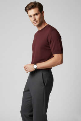 Basic Sıfır Yaka Erkek Triko T-shirt Bordo 