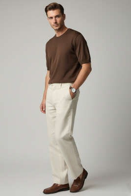 Basic Sıfır Yaka Erkek Triko T-shirt Kahve - Erkek T-shirt