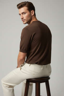 Basic Sıfır Yaka Erkek Triko T-shirt Kahve - Erkek T-shirt