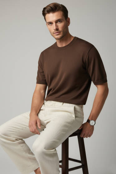 Basic Sıfır Yaka Erkek Triko T-shirt Kahve - Yılın Fırsatı